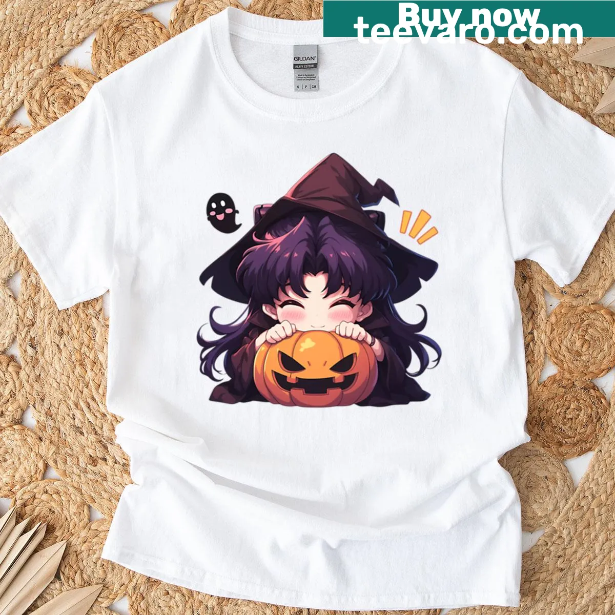 Chibi Misato Katsuragi Halloween T-shirt with witch and pumpkins — on a men's t-shirt