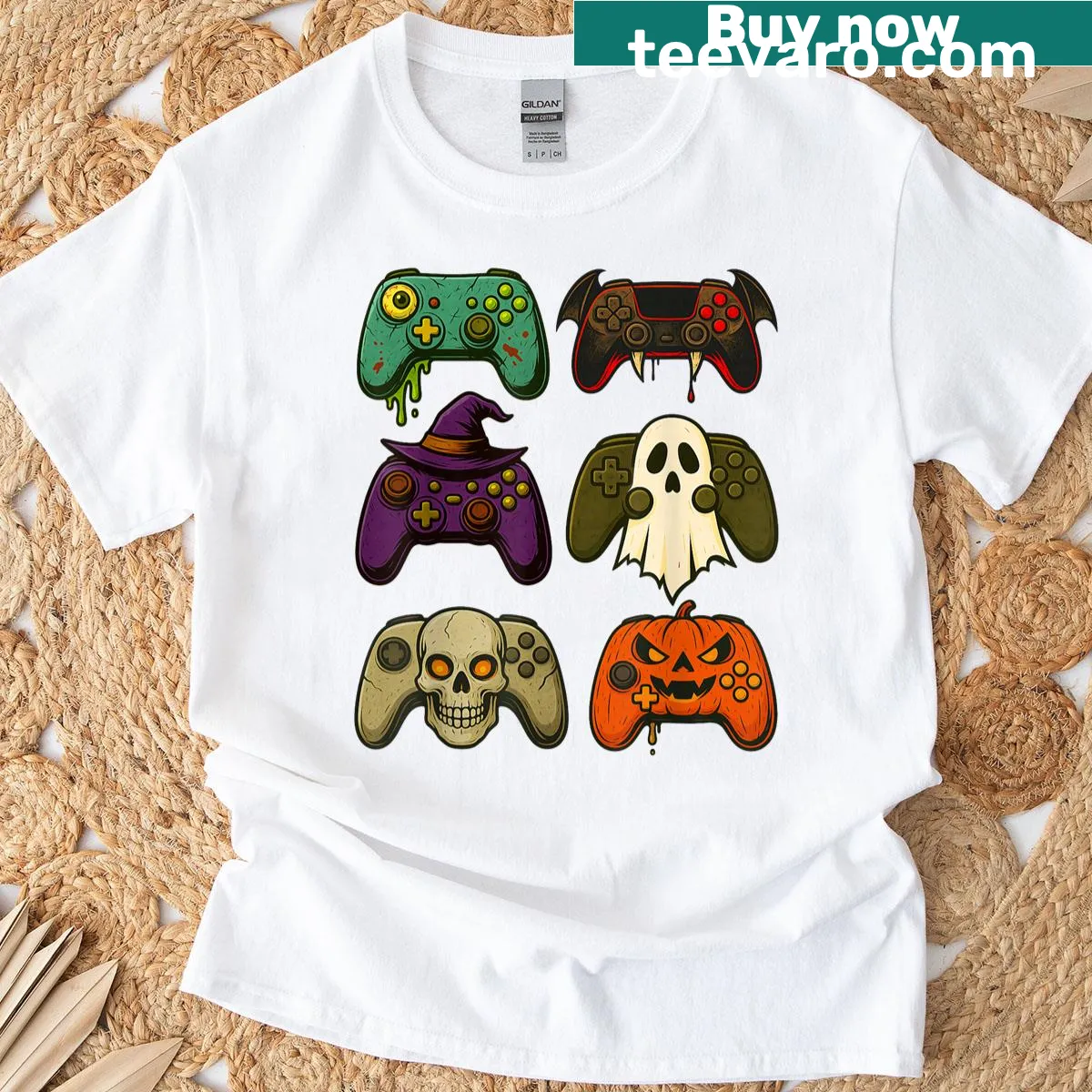 Halloween-themed T-shirt with mummy and gaming controllers — on a men's t-shirt