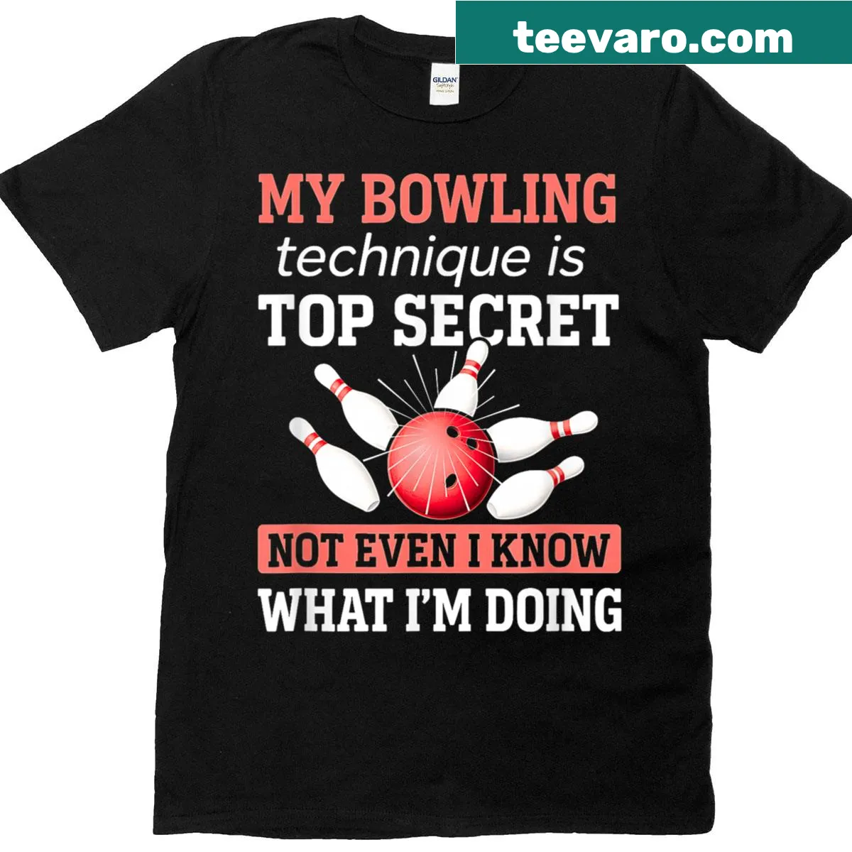 Funny bowling T-shirt with the phrase about secret techniques. — on a men's t-shirt