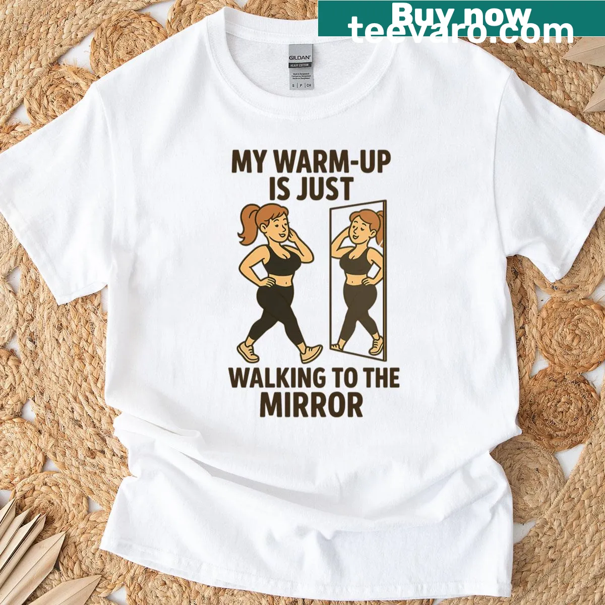Funny gym confidence T-shirt with text about walking to the mirror — on a men's t-shirt