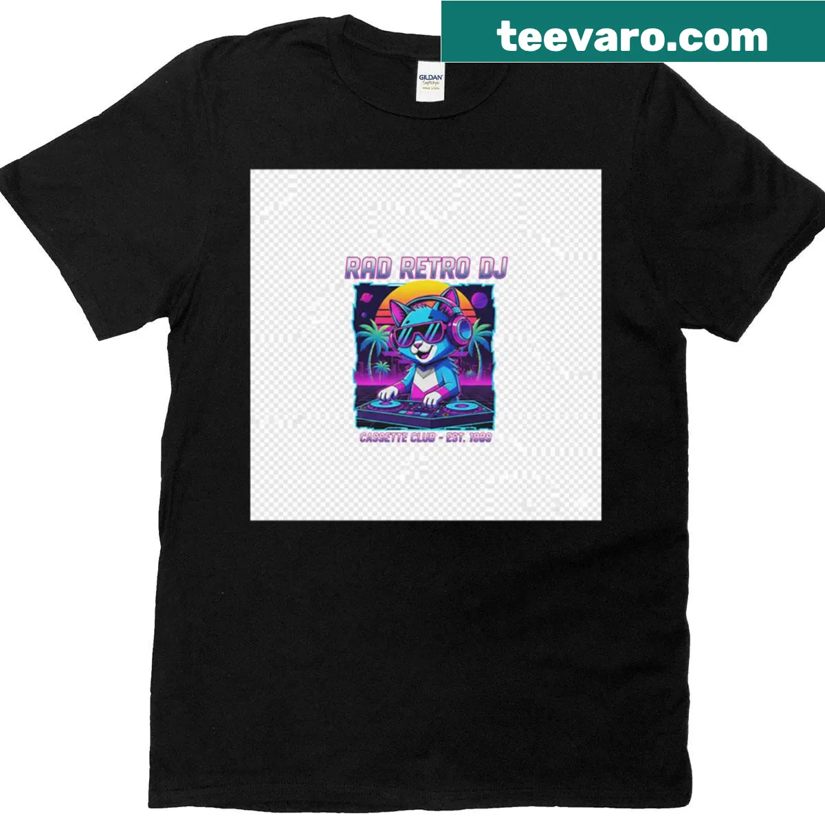 Neon synthwave cat t-shirt with retro-futuristic design. — on a men's t-shirt