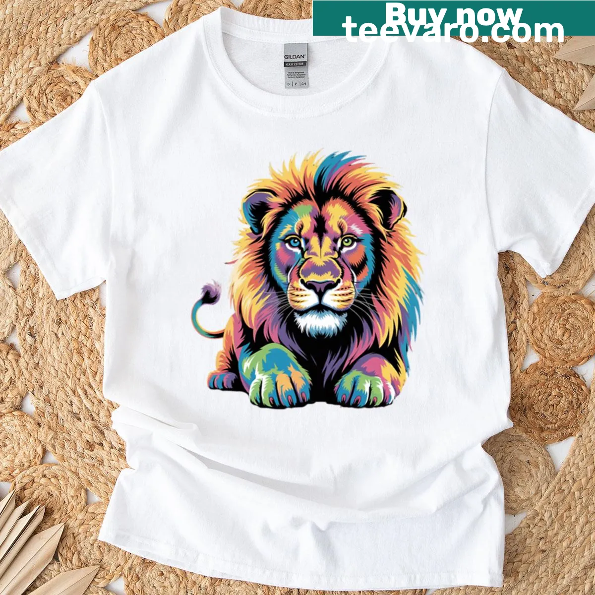 Stylized neon lion graphic on a digital-themed T-shirt — on a men's t-shirt