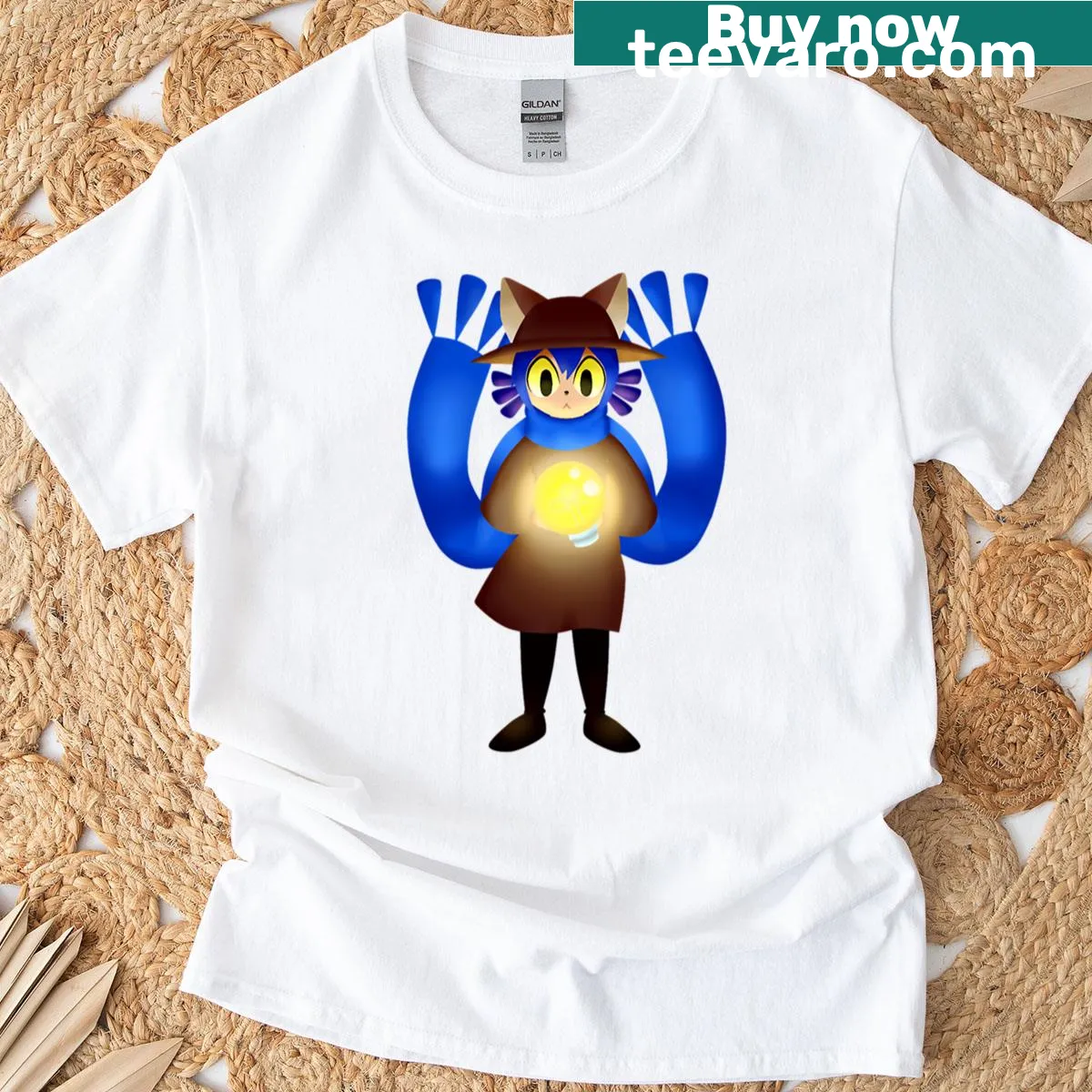 Charming illustration of Niko enjoying the sunlight on a T-shirt — on a men's t-shirt