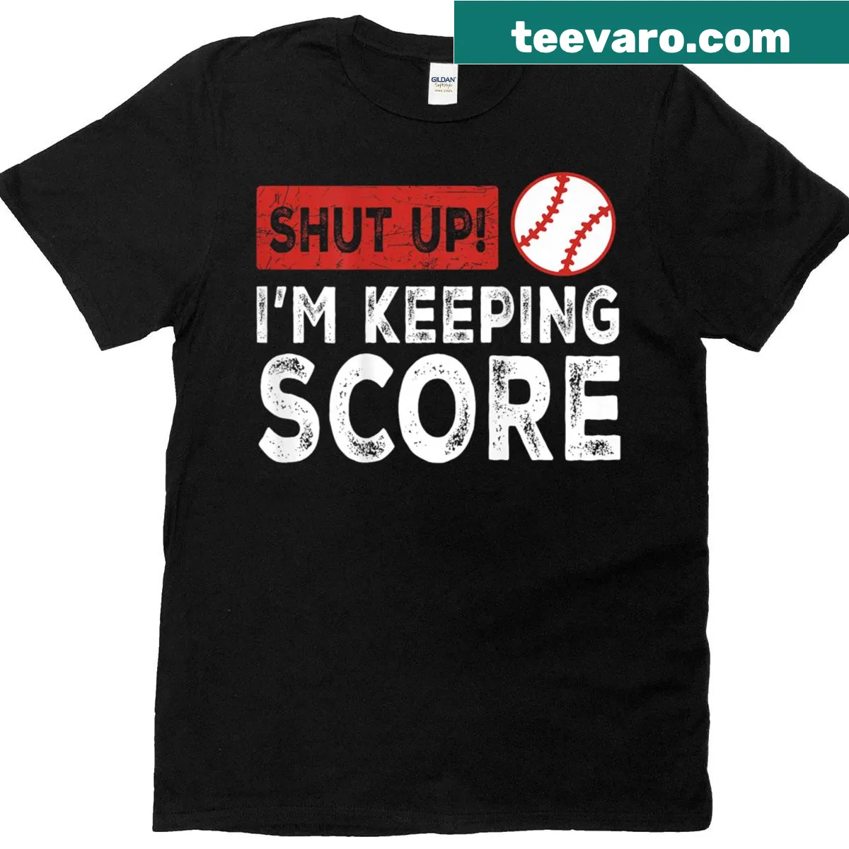 Vintage baseball shirt with humorous 'Shut Up, I'm Keeping Score' text on back — on a men's t-shirt