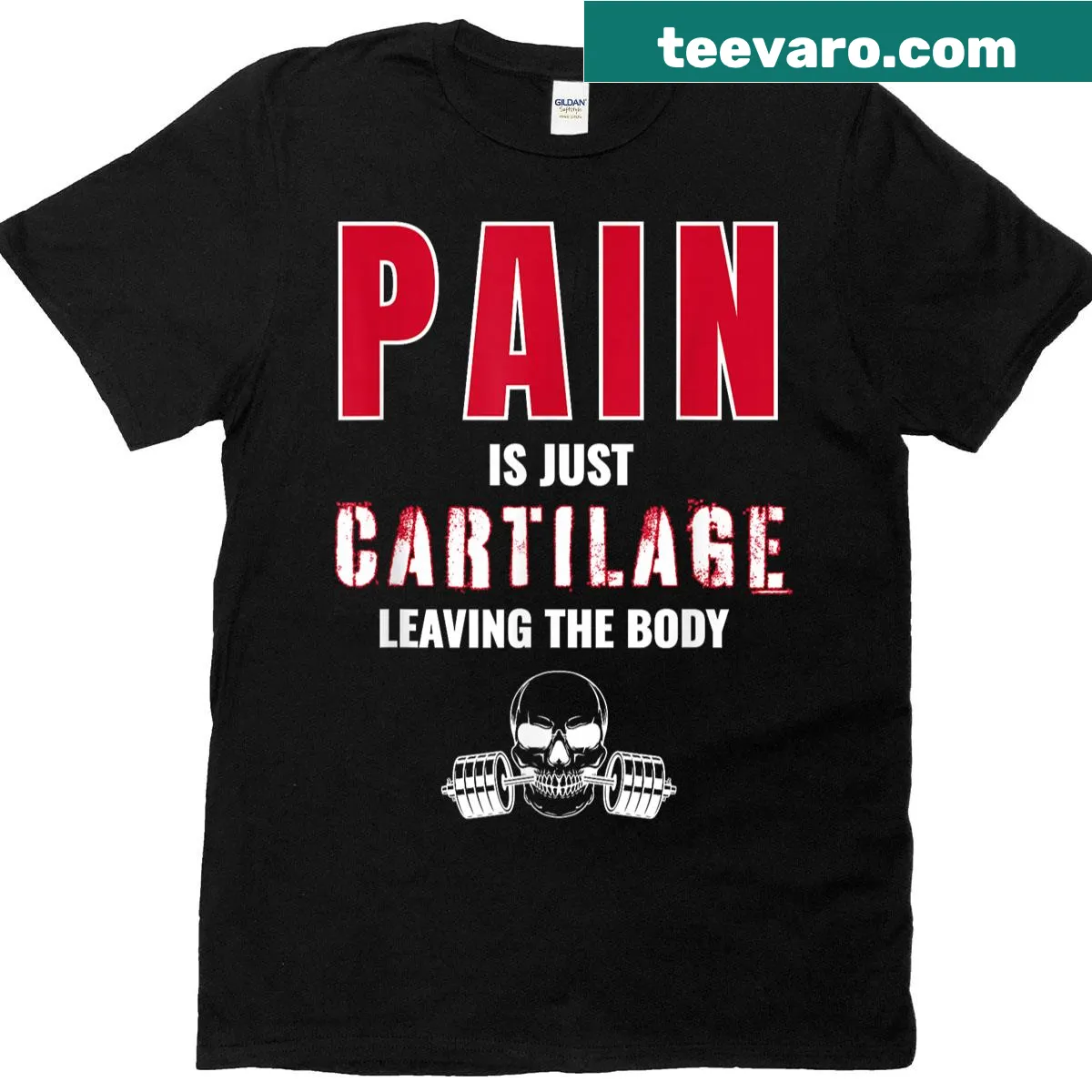 Gym workout t-shirt with the phrase Pain Is Just Cartilage Leaving The Body — on a men's t-shirt