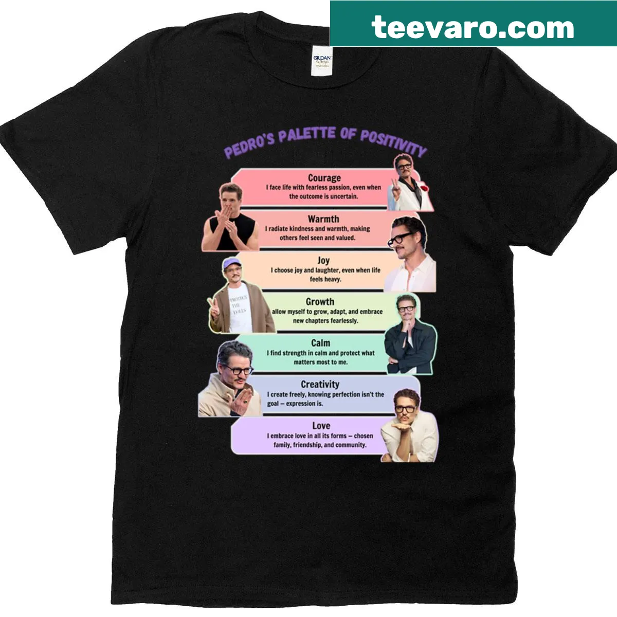 T-shirt with colorful palette and positivity message — on a men's t-shirt