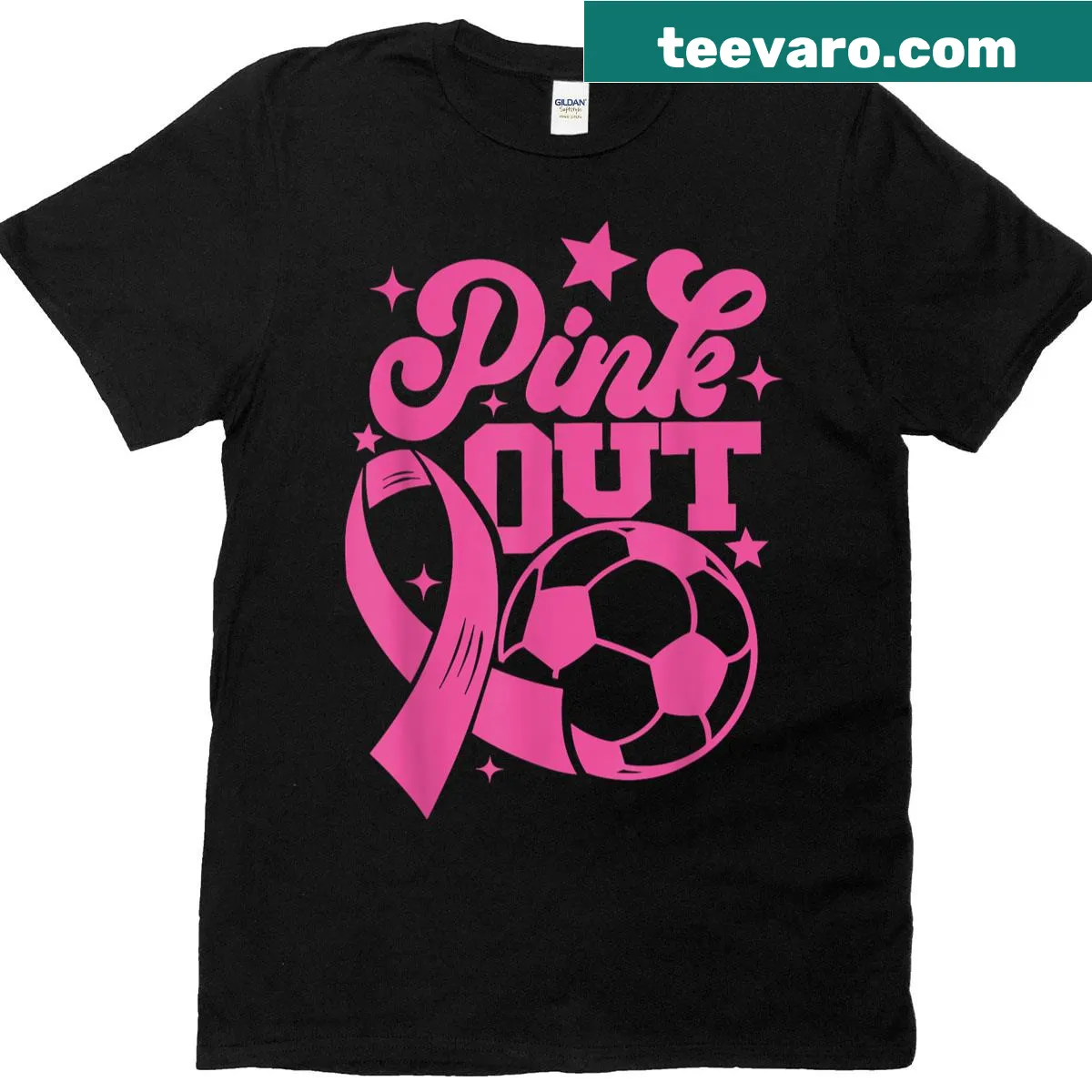 T-shirt with 'Pink Out Kick For A Cure' and pink ribbon graphic — on a men's t-shirt