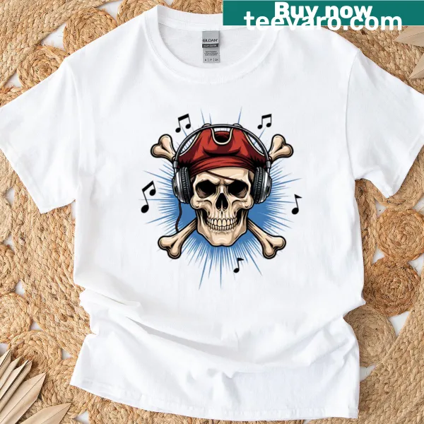 Pirate-themed T-shirt with skull and sound waves design