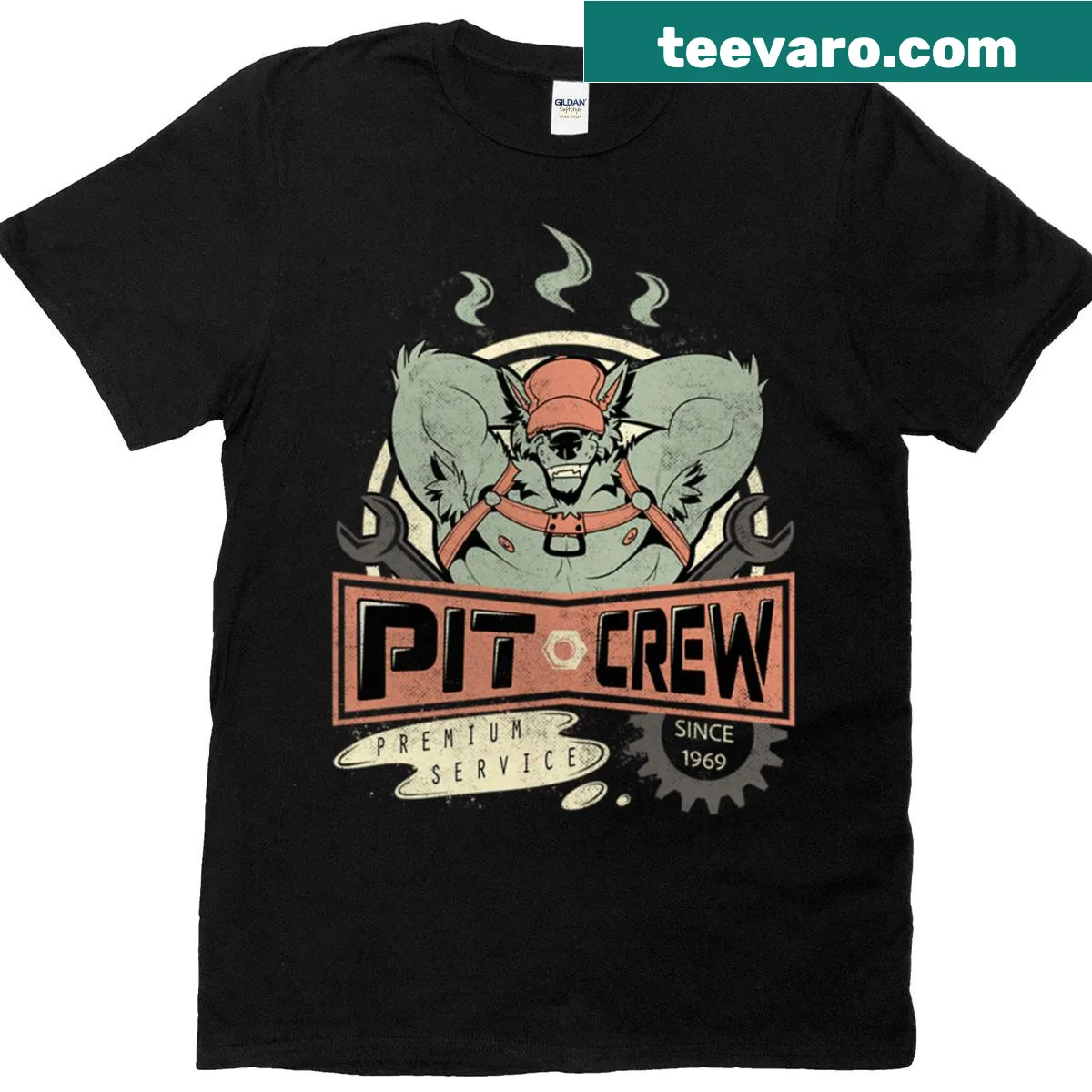 Shirt featuring bold text stating 'Pit Crew' — on a men's t-shirt
