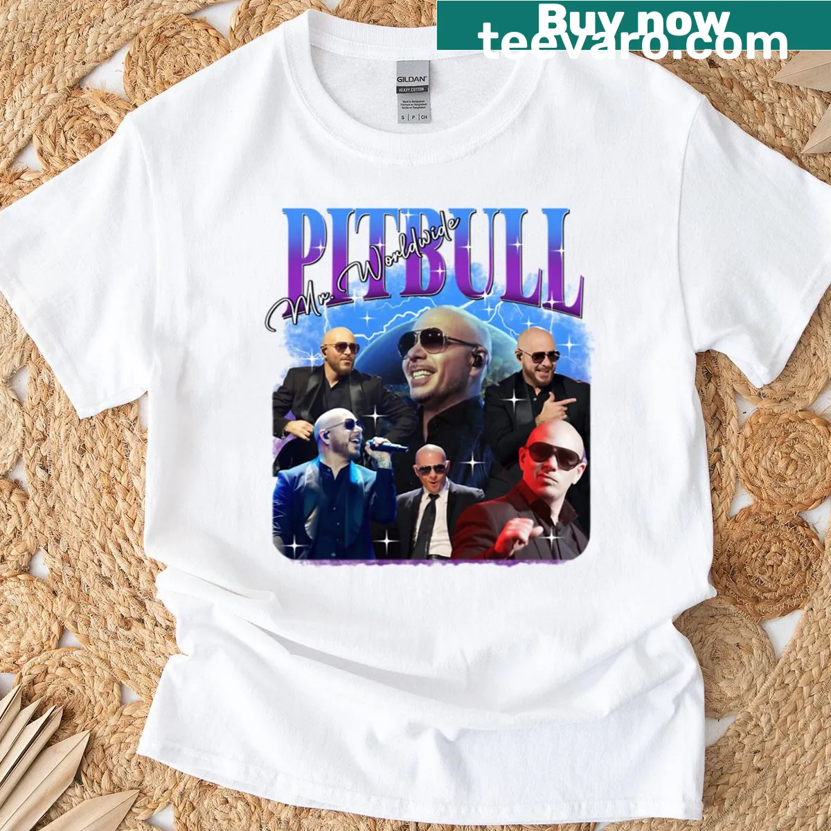 Retro T-shirt with 'Mr. Worldwide' text, celebrating Pitbull — on a men's t-shirt