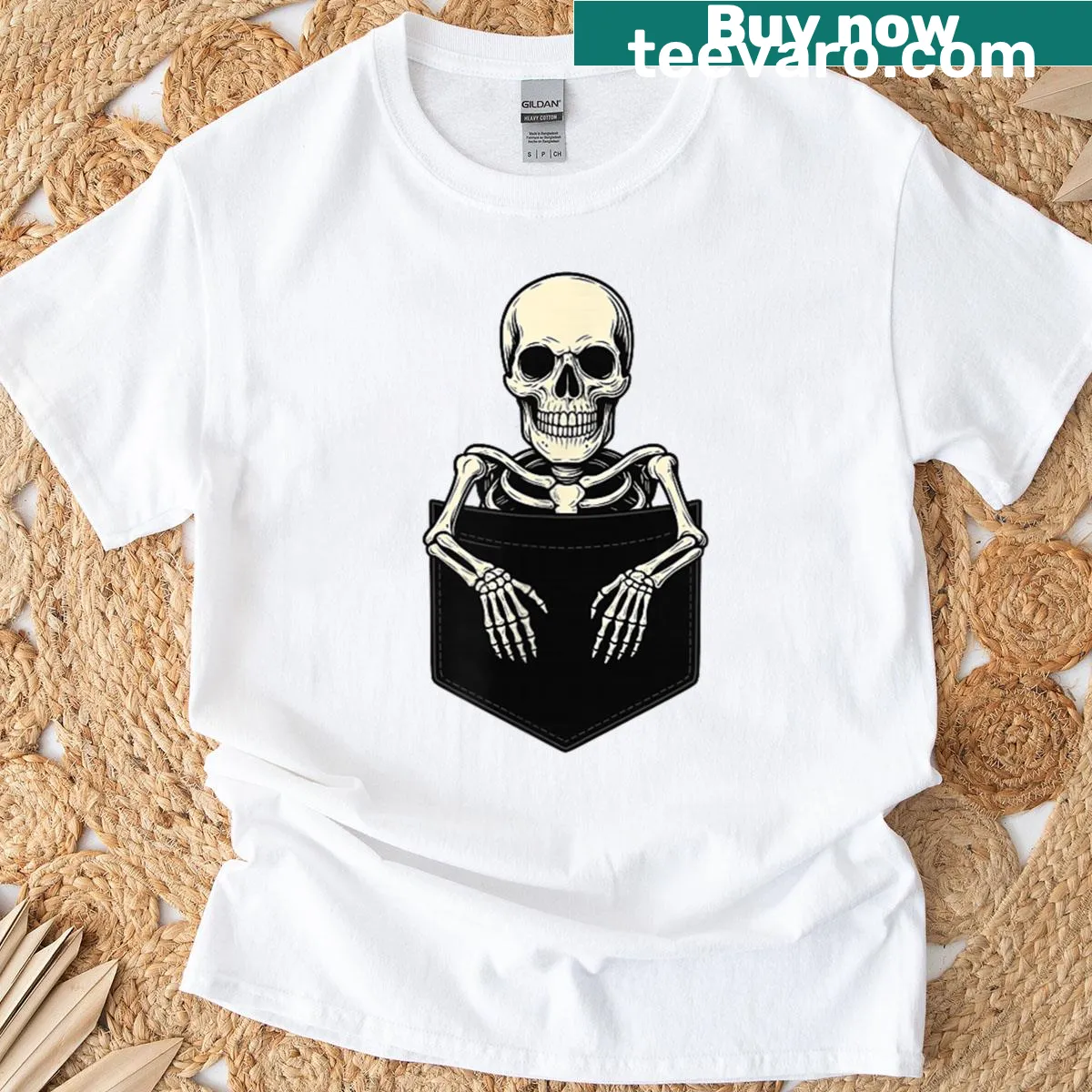 Funny Pocket Skeleton Halloween T-shirt — on a men's t-shirt