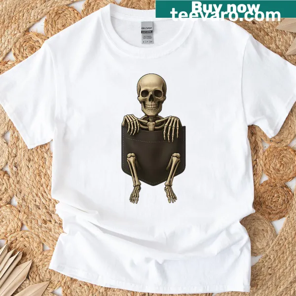 Funny pocket skeleton graphic on T-shirt