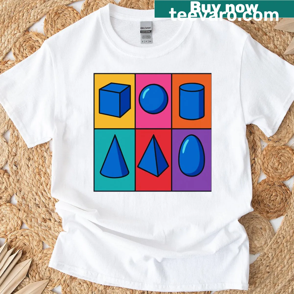 Pop-art t-shirt featuring geometric solids design for educational appeal. — on a men's t-shirt