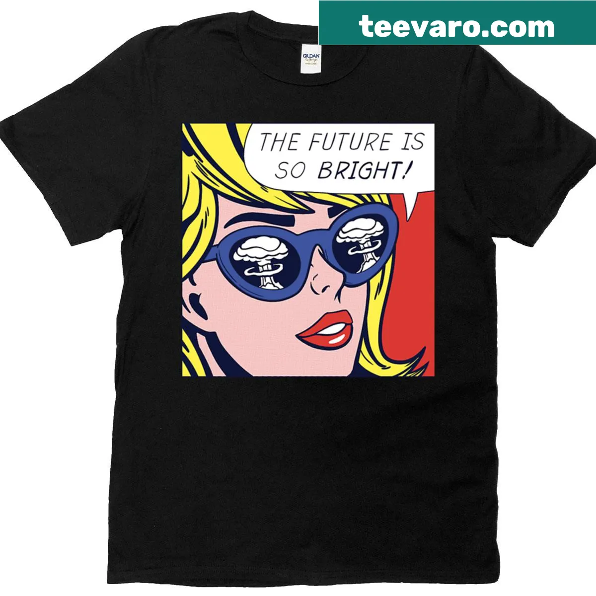 Playful t-shirt featuring the phrase Pop Optimistic Girl in cartoon style — on a men's t-shirt