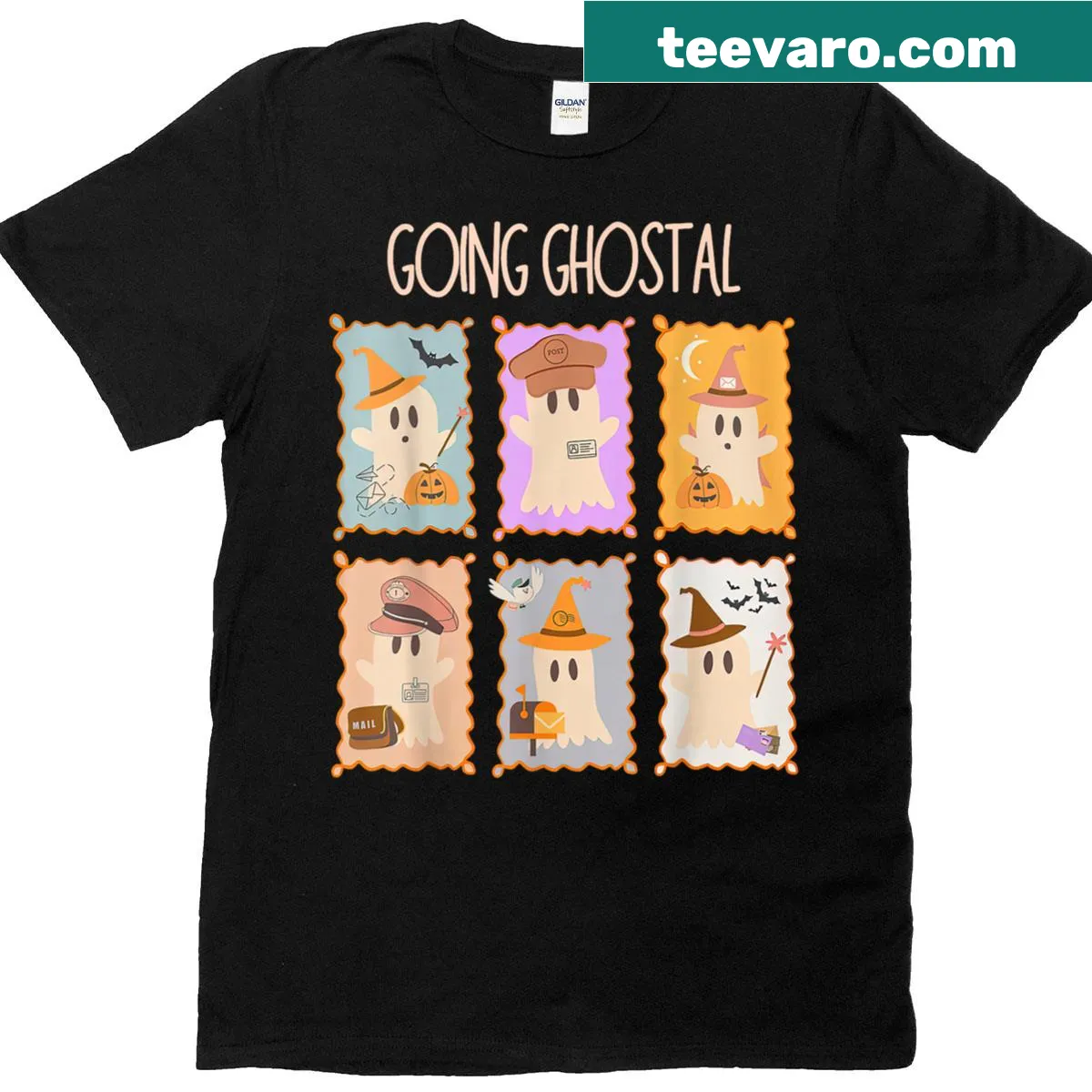 Halloween t-shirt featuring a ghost design styled as a postal stamp — on a men's t-shirt
