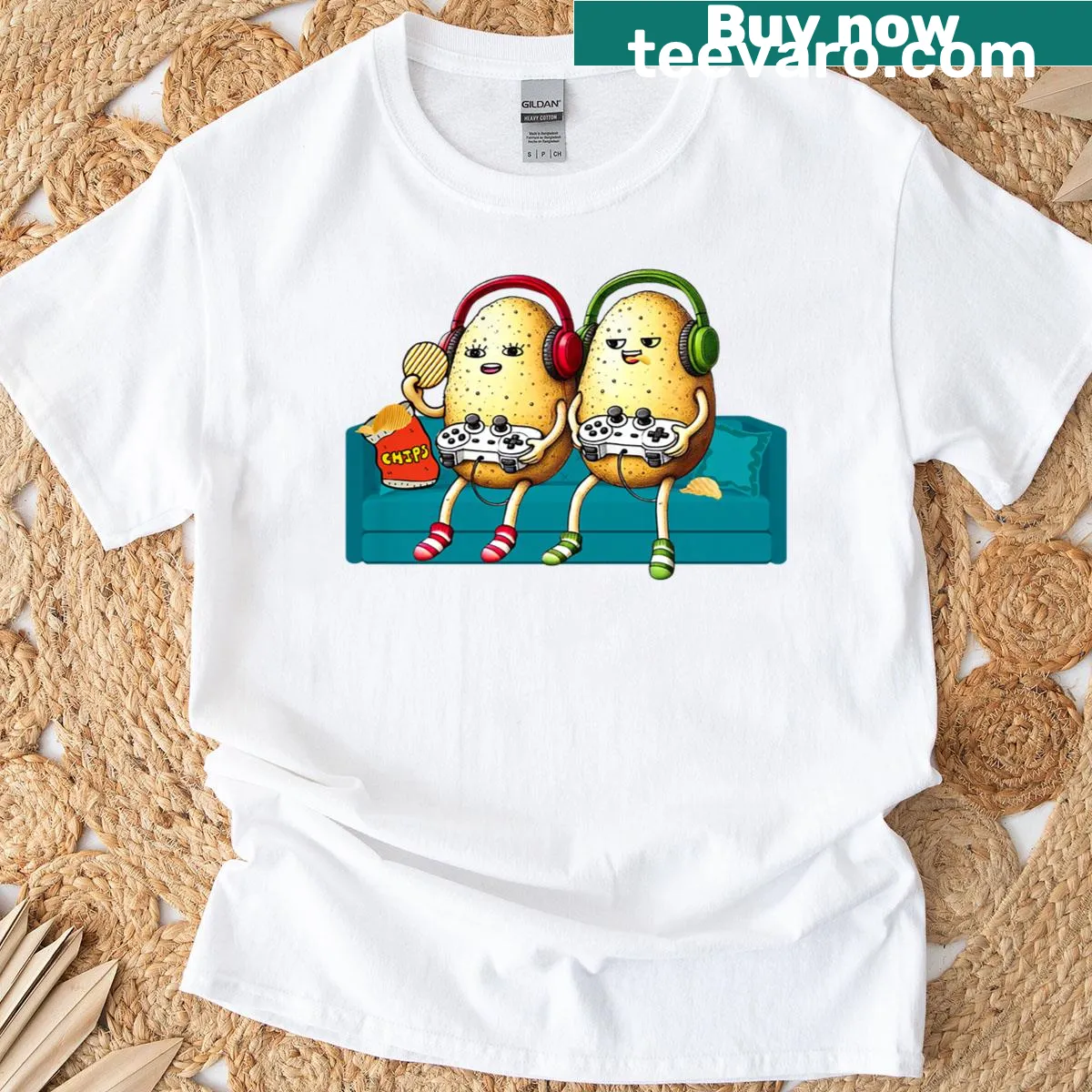 Cartoon potato gaming and snack T-shirt — on a men's t-shirt