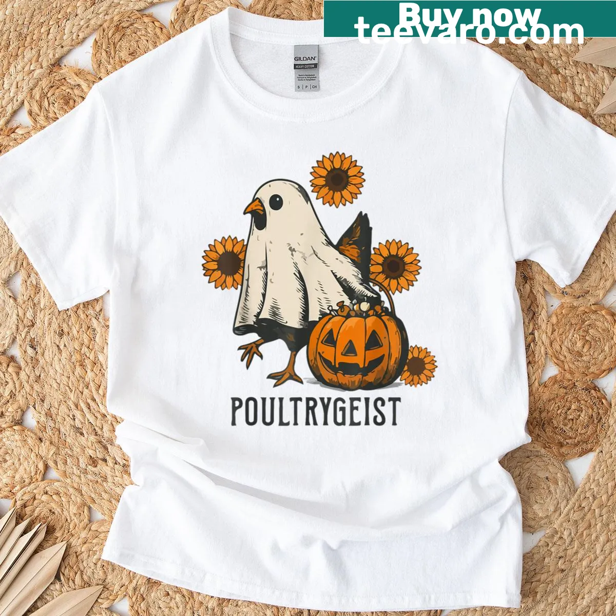 Ghostly chicken and sunflowers graphic T-shirt — on a men's t-shirt