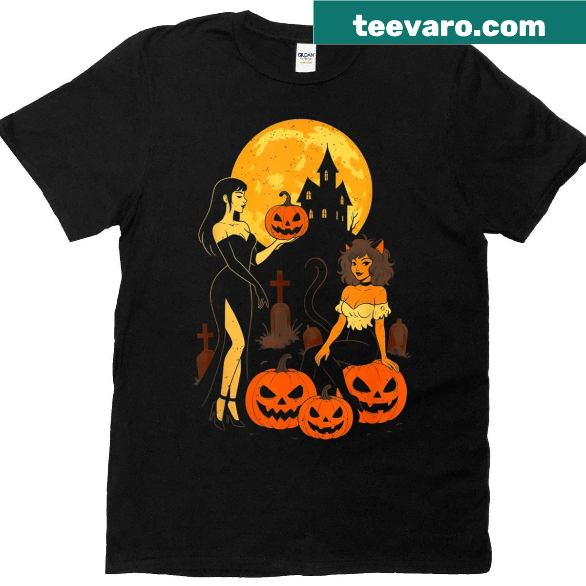 Gothic Halloween T-shirt featuring a haunted house and pumpkins — on a men's t-shirt