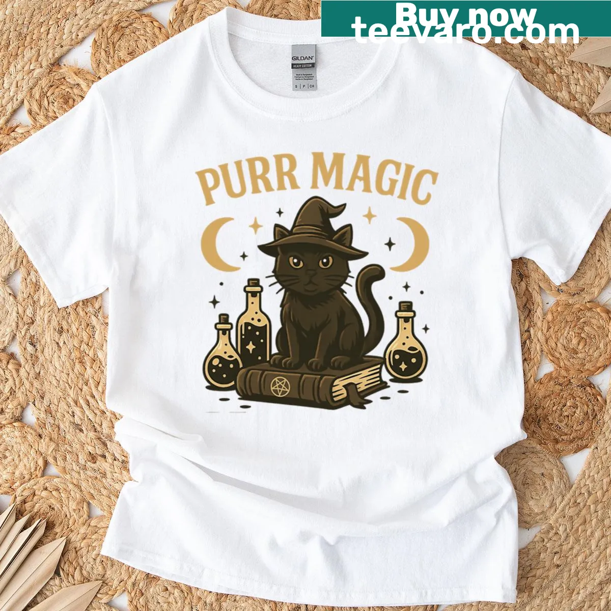 Cute black cat with spellbook Halloween graphic — on a men's t-shirt