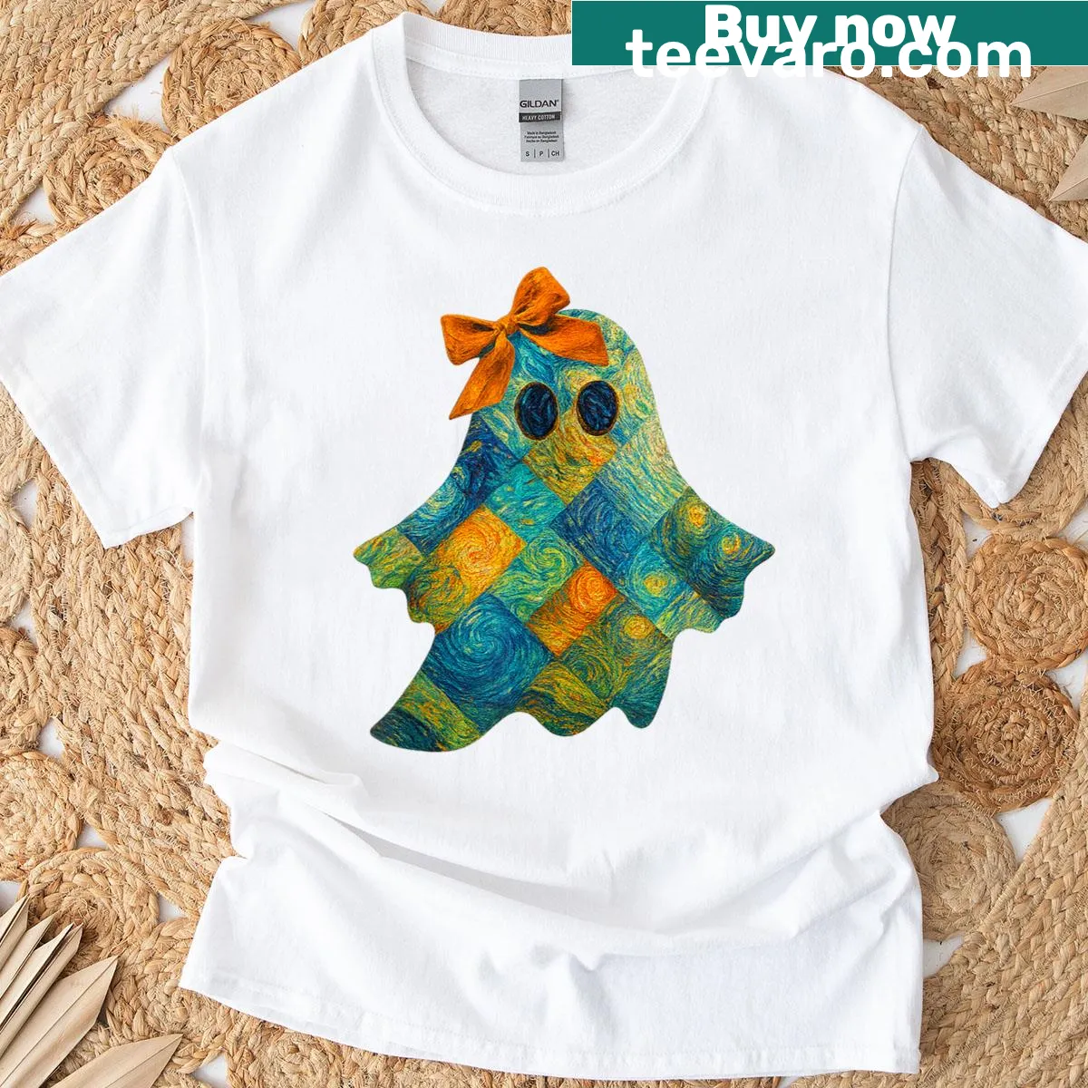 Cute quilted ghost with an orange bow illustration — on a men's t-shirt