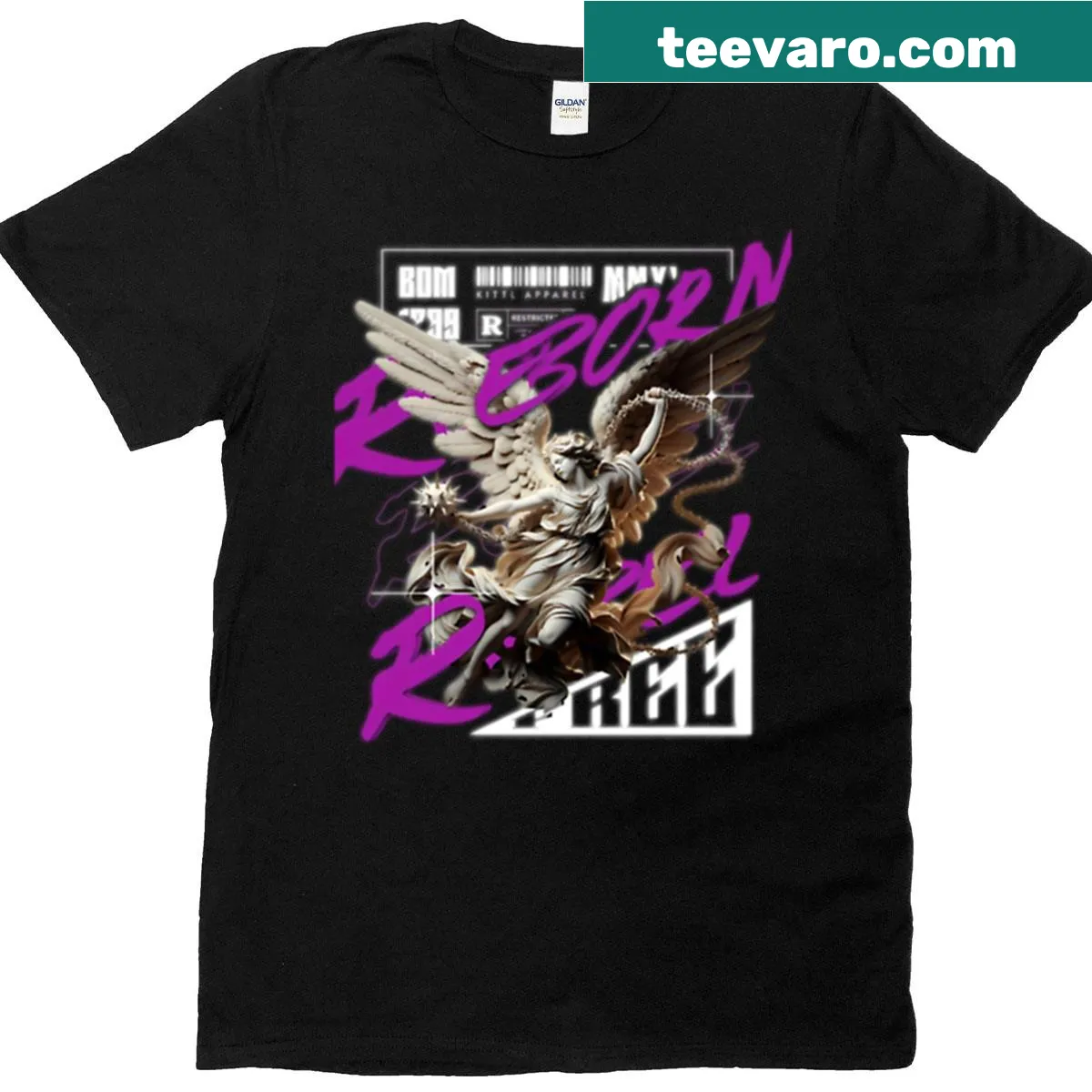 Reborn Angel Warrior T-shirt with fantasy art graphic — on a men's t-shirt