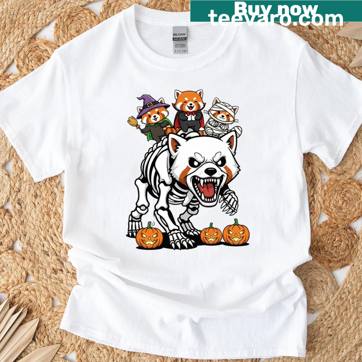 Red panda skeleton mummy witch Halloween graphic T-shirt — on a men's t-shirt