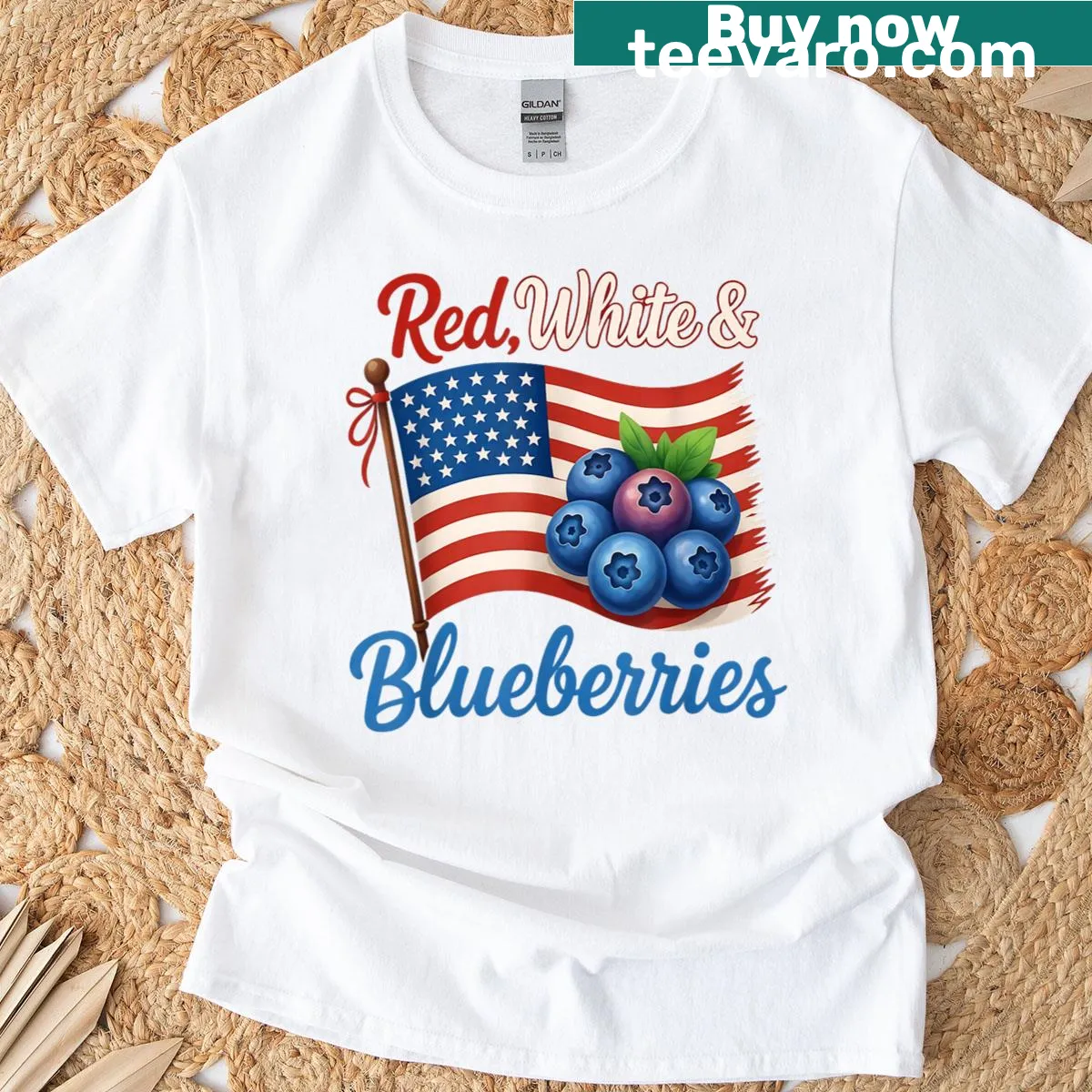 Vintage-style patriotic t-shirt with 'Red White Blueberries' and USA flag design — on a men's t-shirt