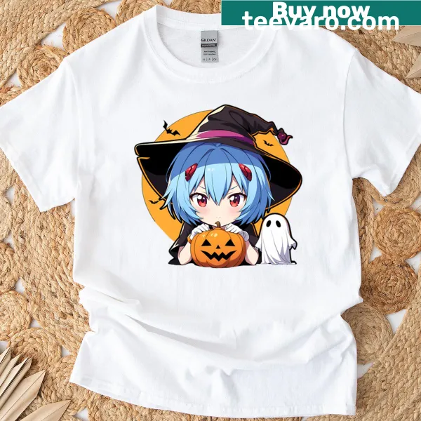 Chibi style Rei Ayanami Halloween T-shirt featuring pumpkins and witch outfit