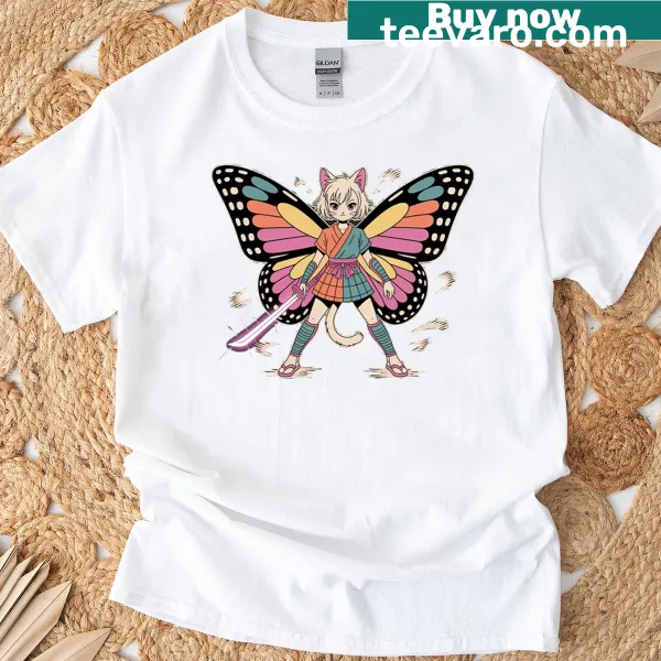 Anime cat warrior with butterfly wings graphic