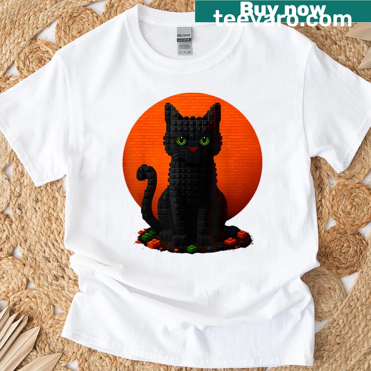 Retro black cat under the moon made of building blocks Halloween T-shirt — on a men's t-shirt