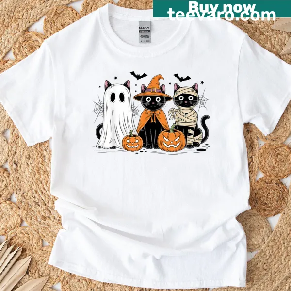 Retro Halloween T-shirt with black cat, witch, and pumpkin