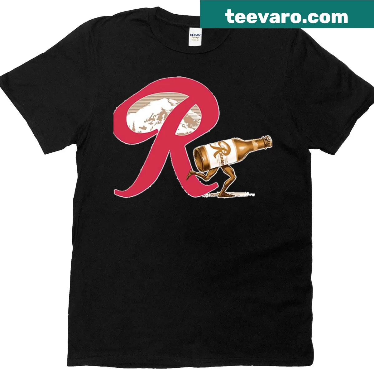 Distressed T-shirt featuring vintage Rainier Brewery logos. — on a men's t-shirt
