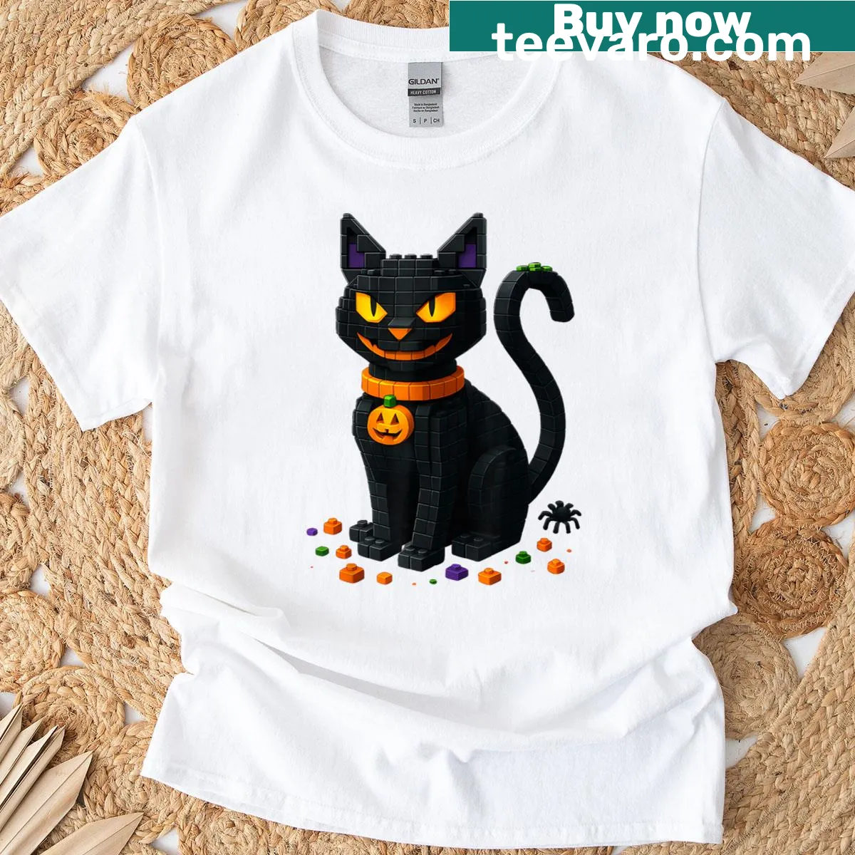 Cartoon black cat with building blocks Halloween T-shirt — on a men's t-shirt