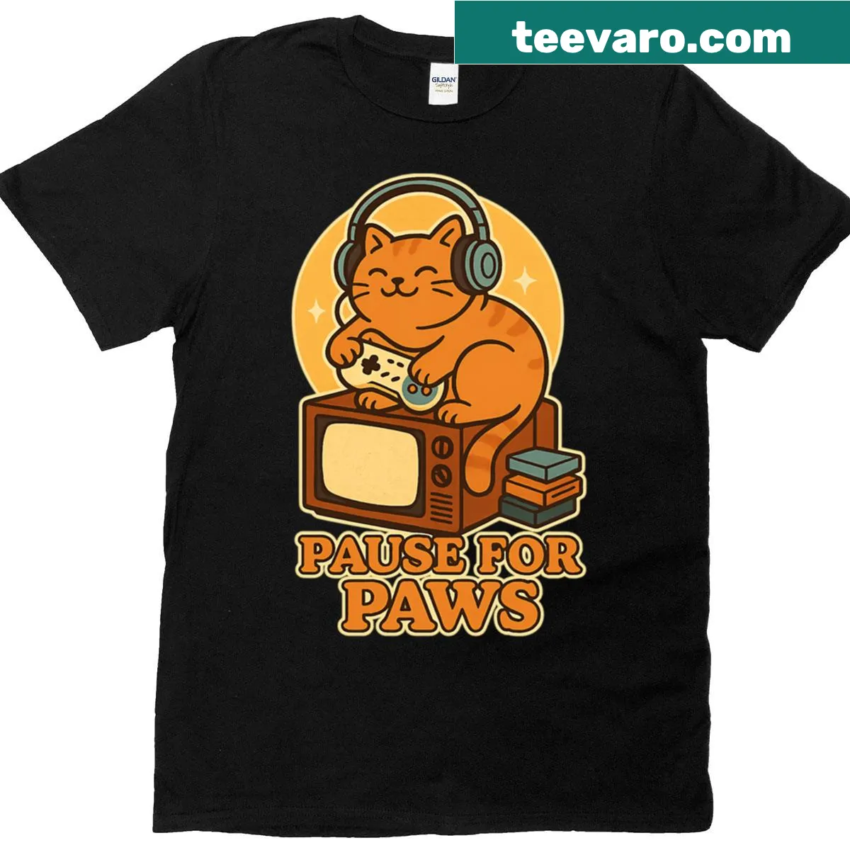 Retro design featuring a cat and gaming elements with playful text — on a men's t-shirt