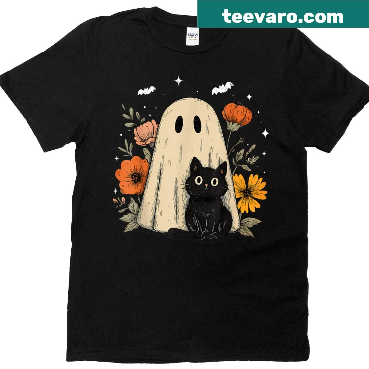 Whimsical Halloween t-shirt with ghost, black cat, and floral designs — on a men's t-shirt