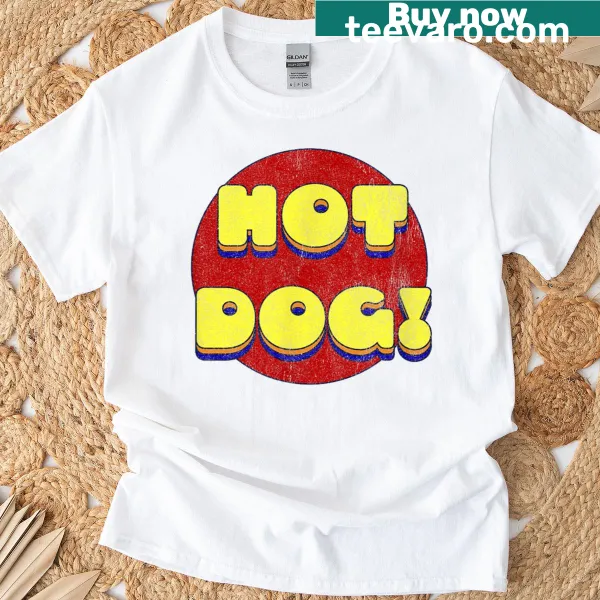 Retro hot dog design with colorful bubble text