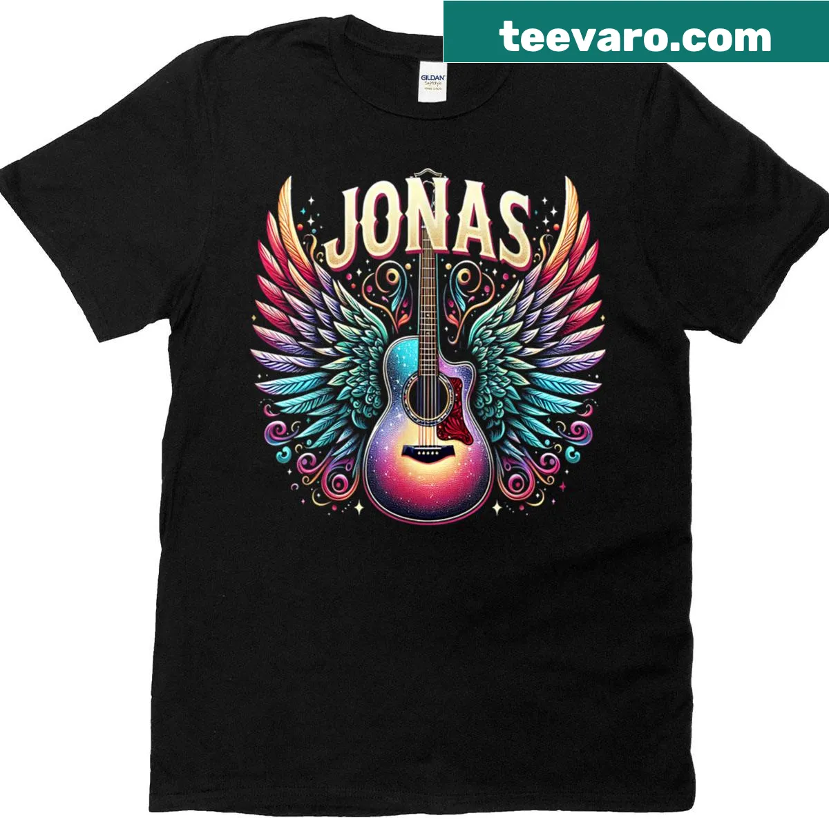 Personalized T-shirt featuring the name Jonas in a groovy retro font — on a men's t-shirt