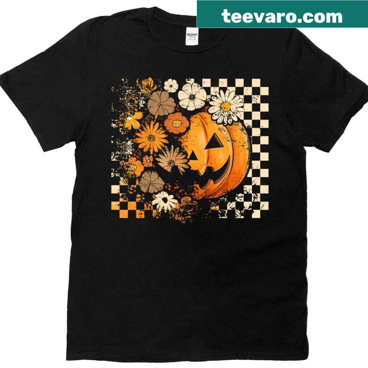 Cartoon-style T-shirt with retro pumpkin and flower design — on a men's t-shirt