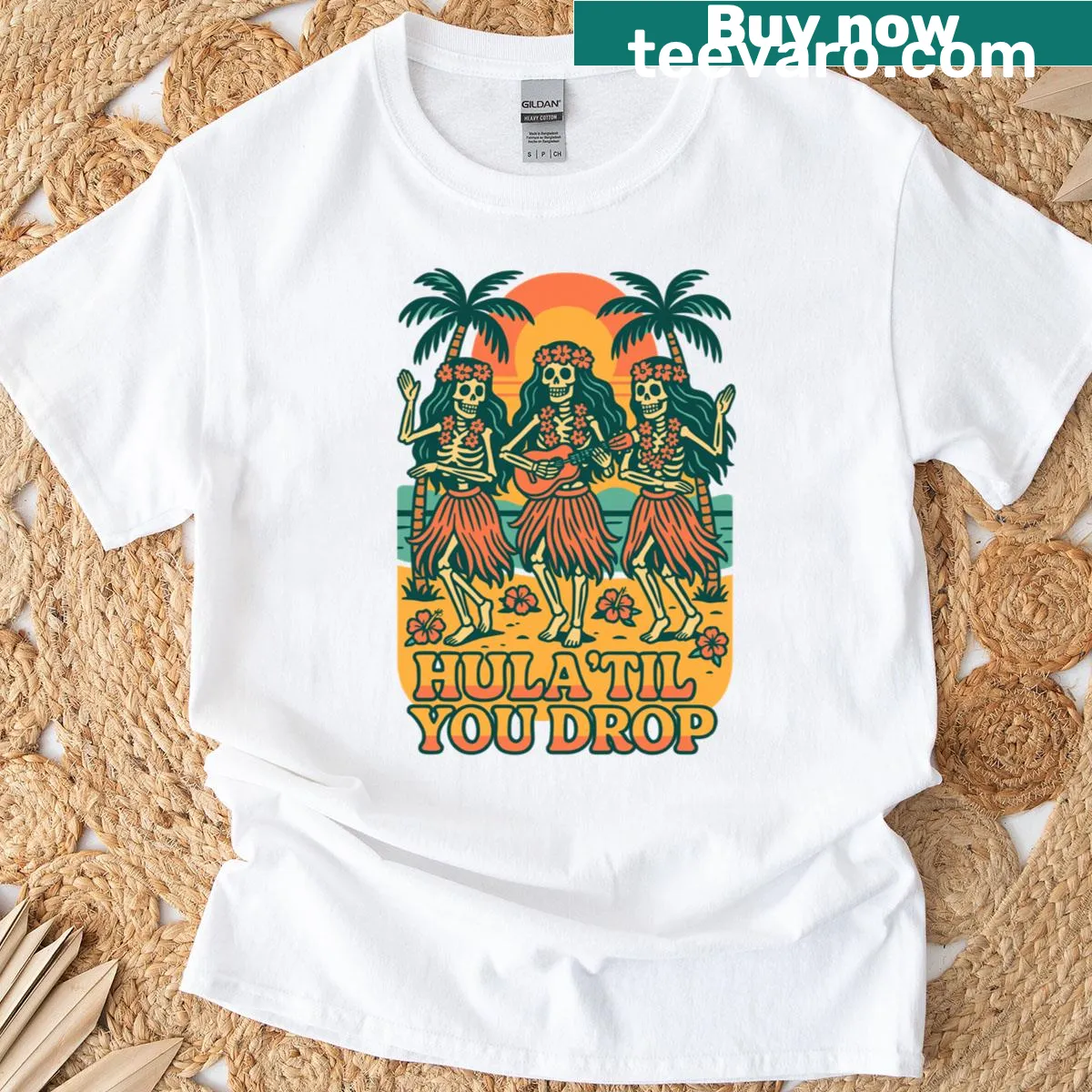 Hula dancing skeleton illustration against a sunset — on a men's t-shirt