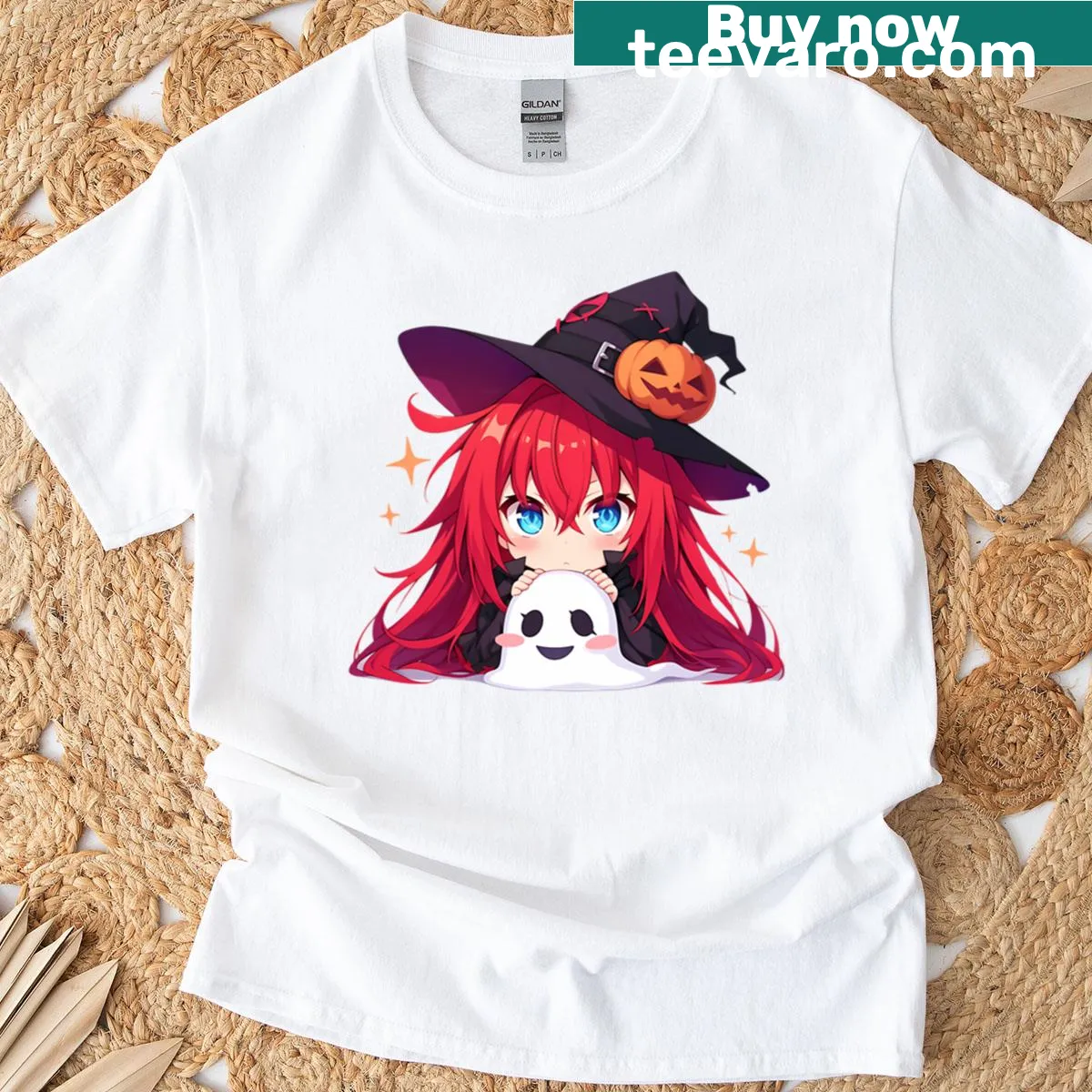 Chibi anime girl Rias Gremory as a witch with a pumpkin graphic — on a men's t-shirt