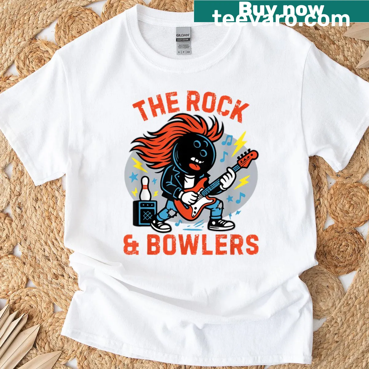 Funny bowling team t-shirt with playful rock bowlers illustration — on a men's t-shirt