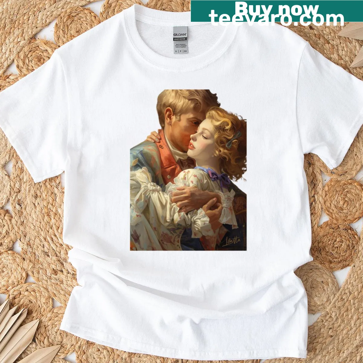 Vintage couple portrait graphic t-shirt celebrating romance — on a men's t-shirt