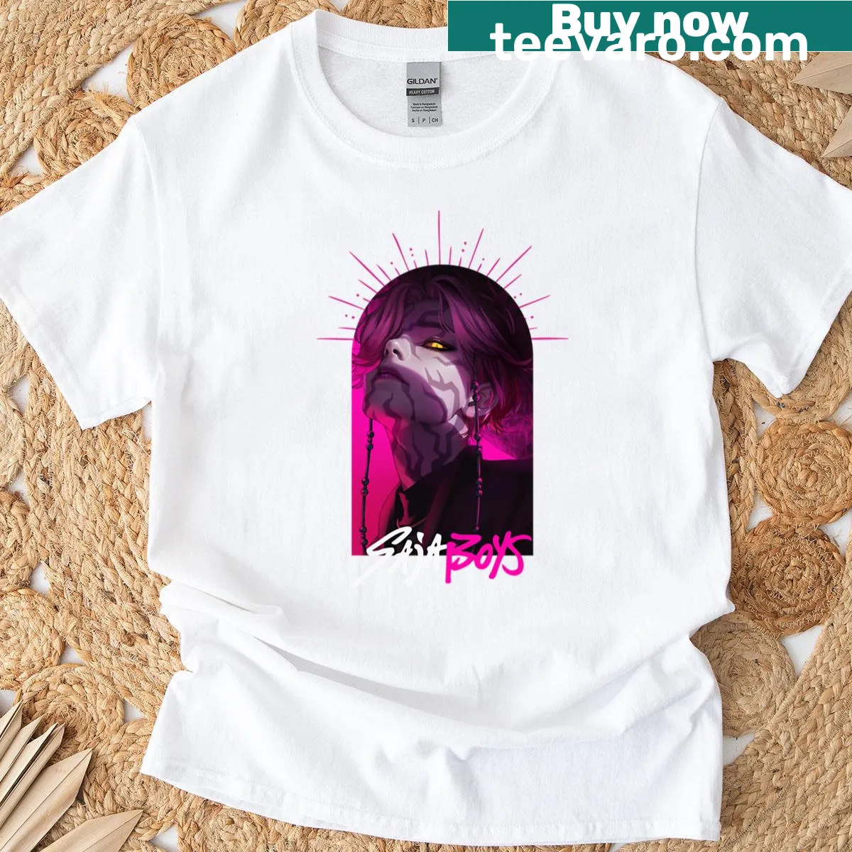 Saja Boys T-shirt with mystery graphic by original artist Ruru — on a men's t-shirt