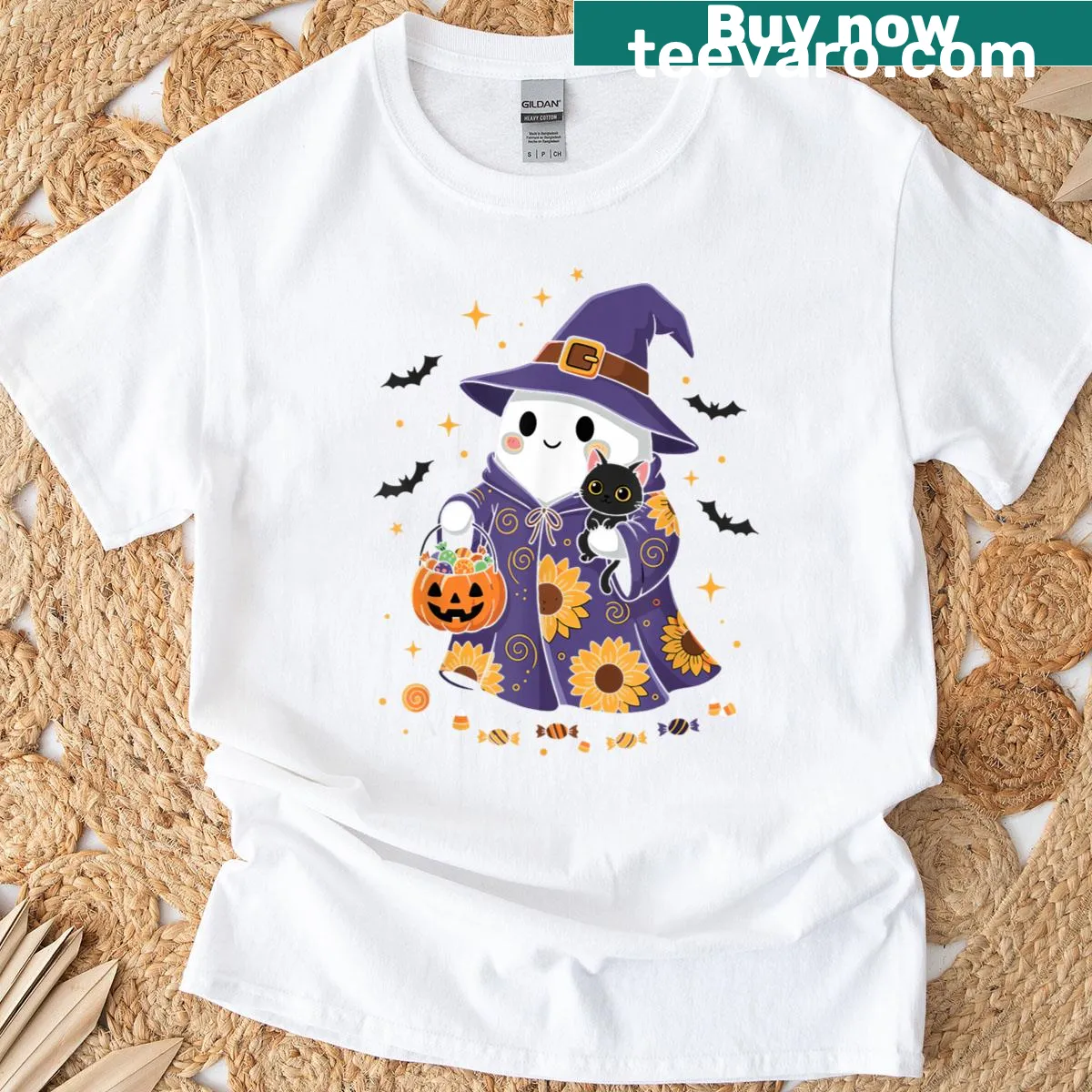 Cartoon ghost holding cat design for Halloween t-shirt — on a men's t-shirt