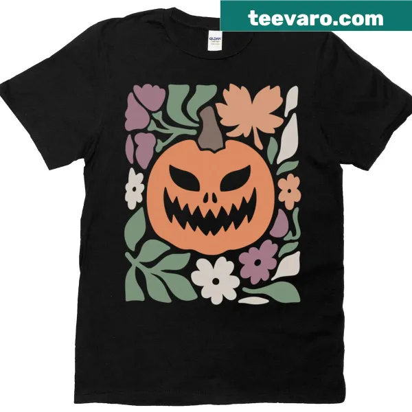 Floral Halloween shirt with a spooky pumpkin face illustration