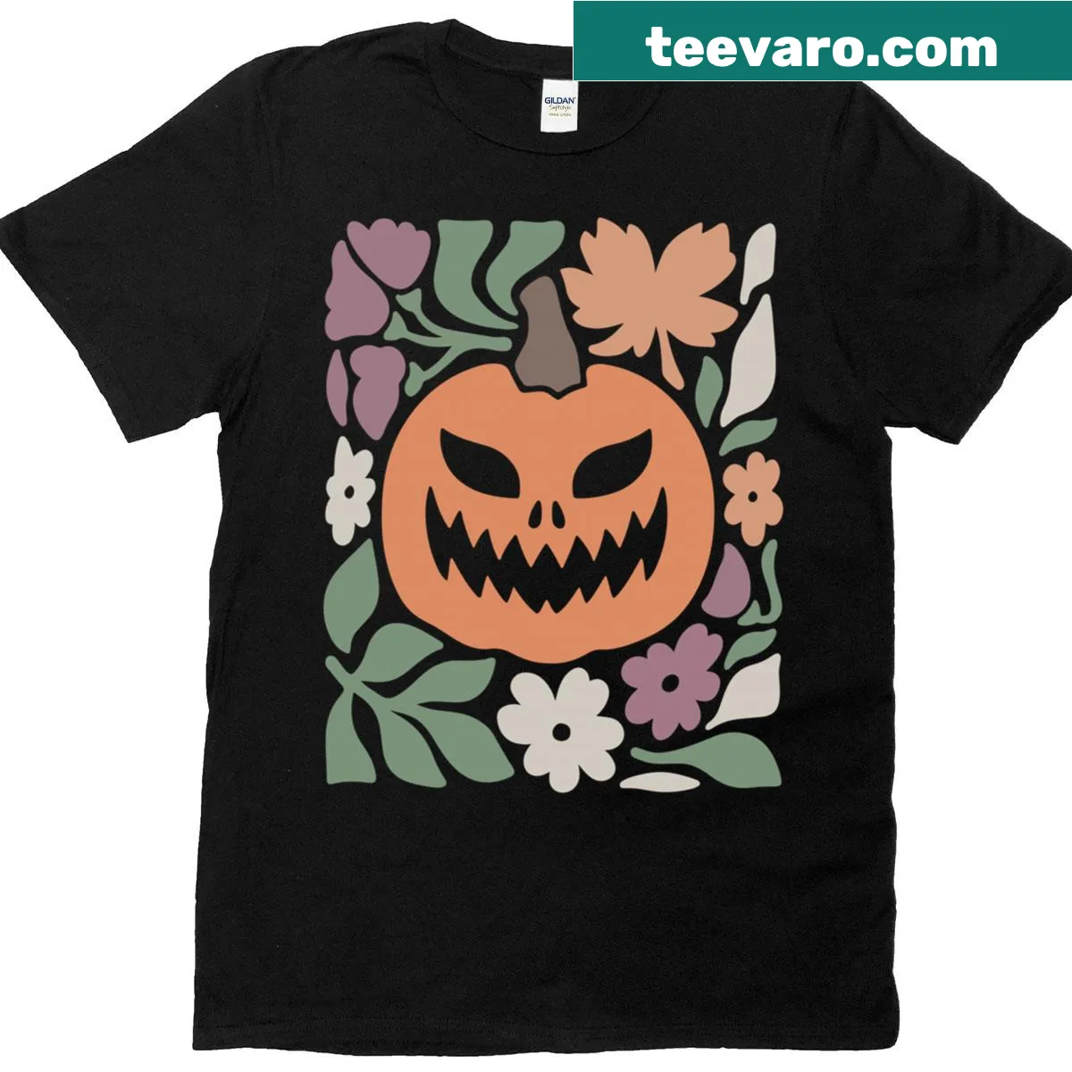 Floral Halloween shirt with a spooky pumpkin face illustration — on a men's t-shirt