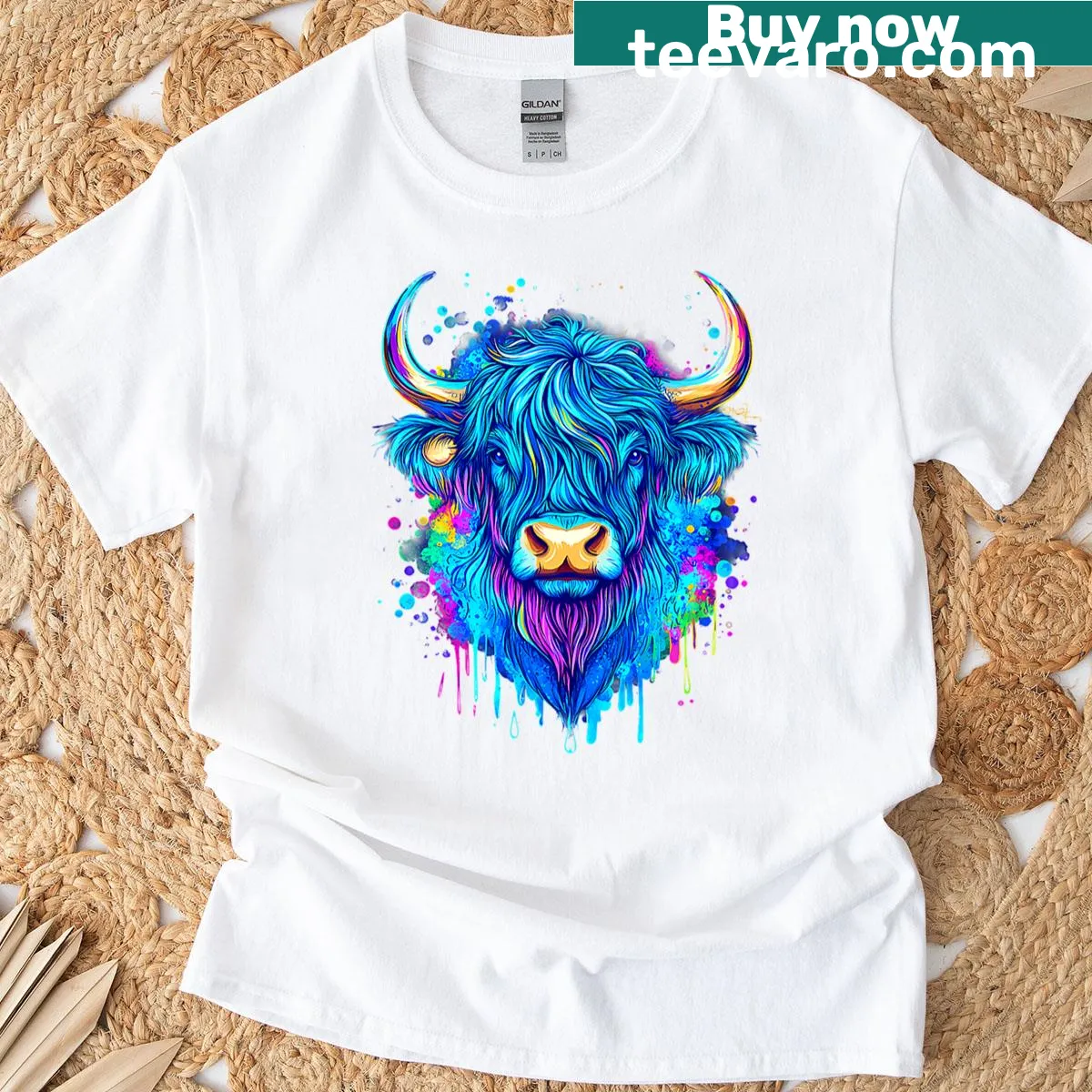 Illustration of a Scottish Highland Cow on a t-shirt — on a men's t-shirt