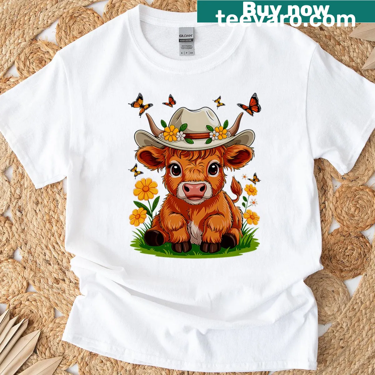 Scottish Highland cow with flowers T-shirt — on a men's t-shirt