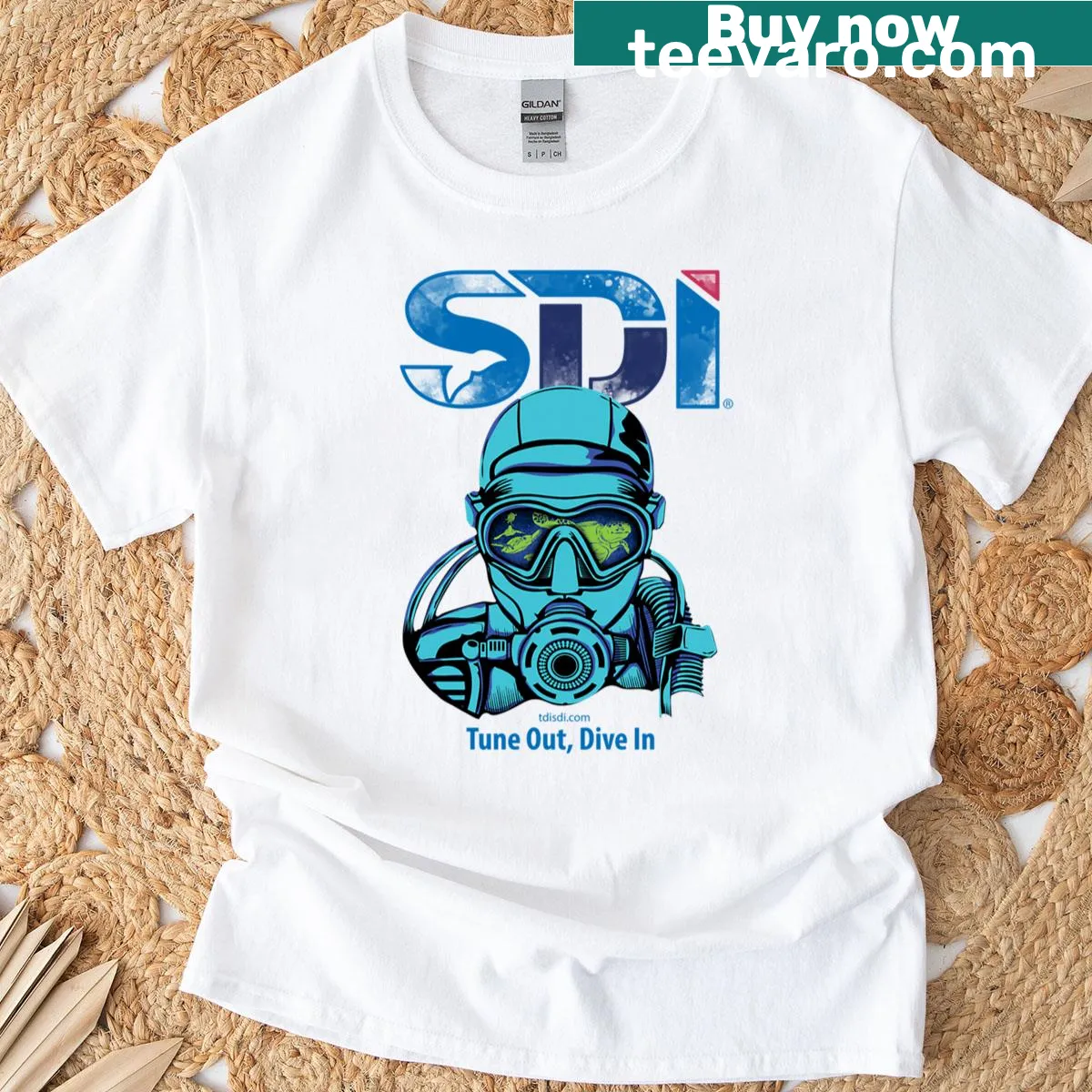Scuba diving t-shirt with 'Tune Out, Dive In' graphic — on a men's t-shirt