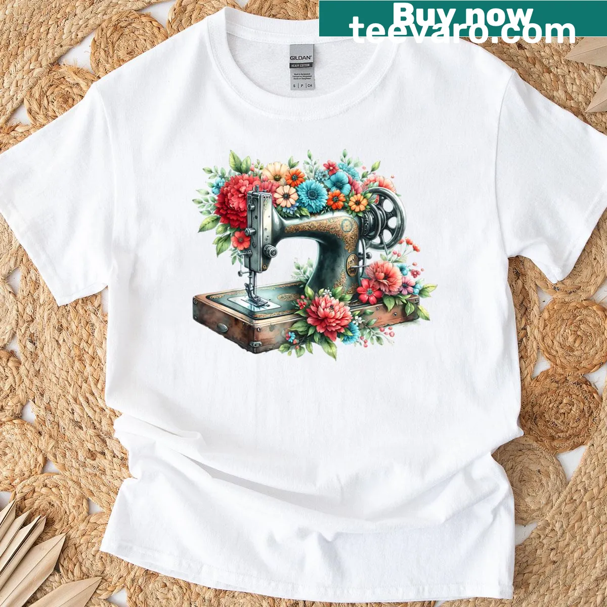 Vintage sewing machine and floral design t-shirt. — on a men's t-shirt